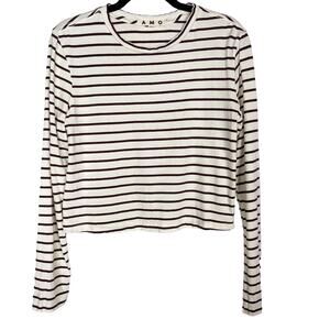AMO Medium Cream Burgundy Red Striped Babe Cotton Long Sleeve Cropped Tshirt Tee